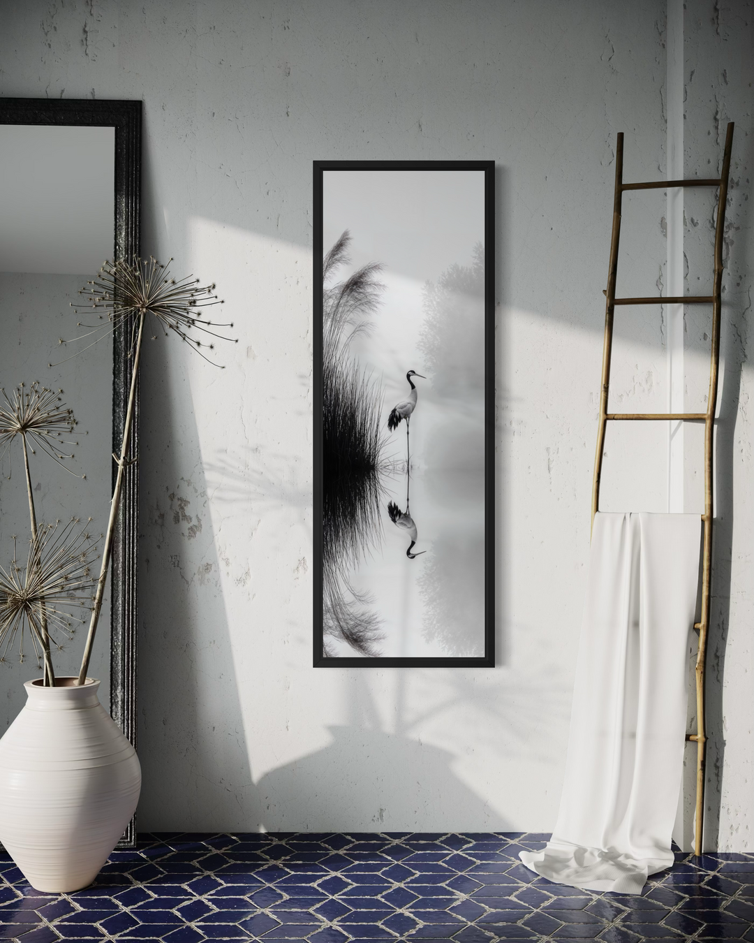 Vertical black and white canvas print of a Japanese crane.