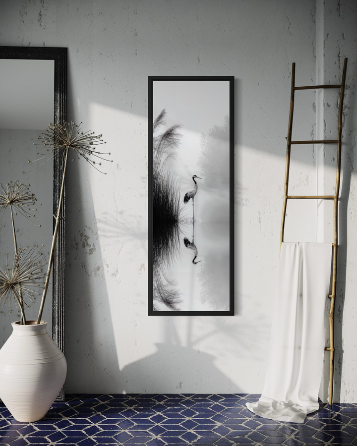 Vertical black and white canvas print of a Japanese crane.
