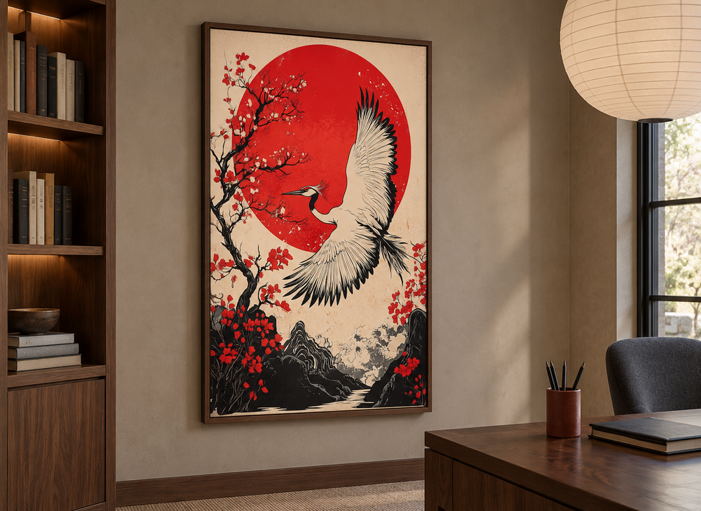 Ukiyo-e style wall art of a crane flying before a red sun with maple blossoms in a wooden frame.