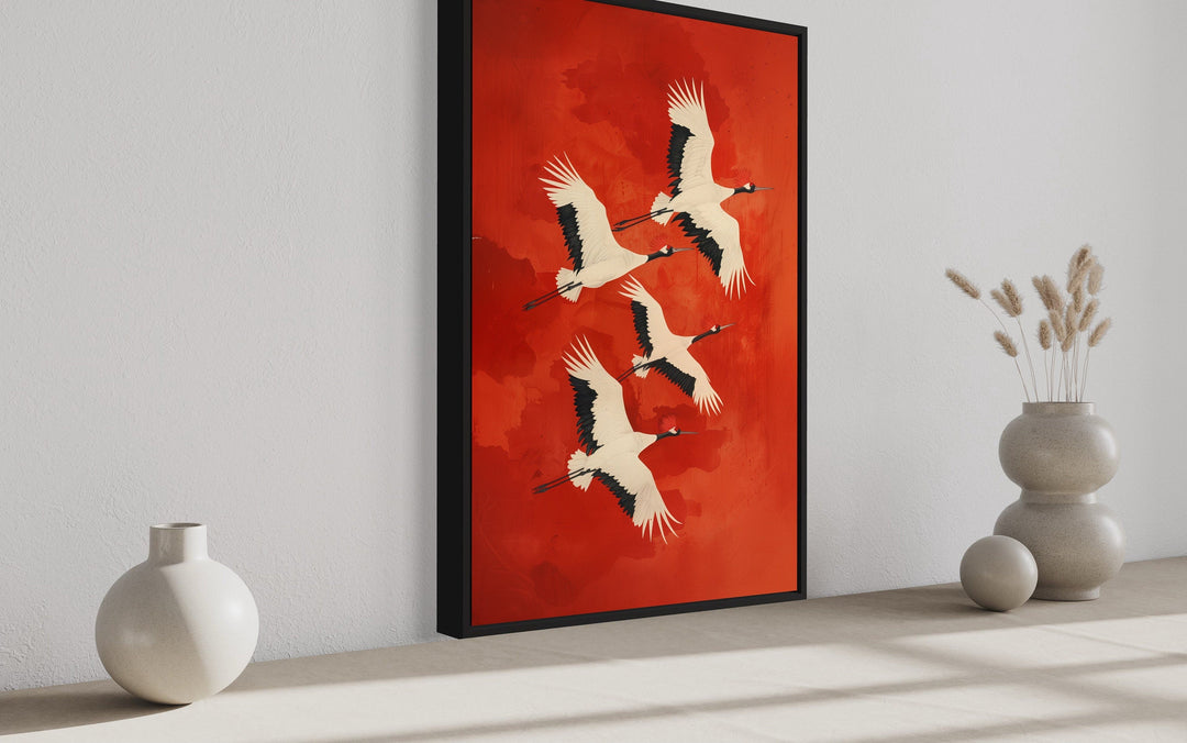 Japanese Cranes Flying Red Framed Canvas Wall Art