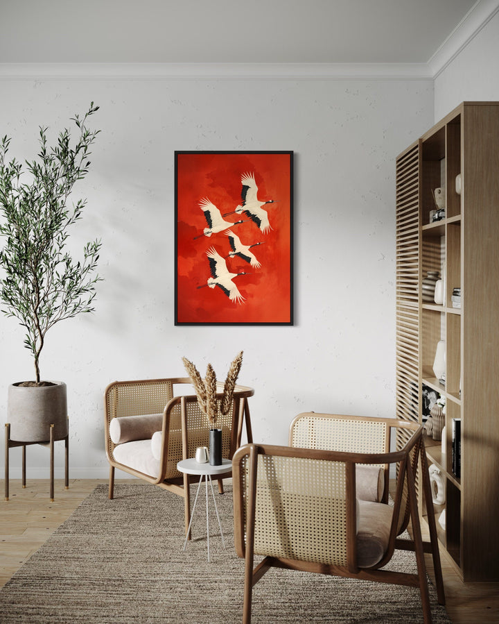 Japanese Cranes Flying Red Framed Canvas Wall Art