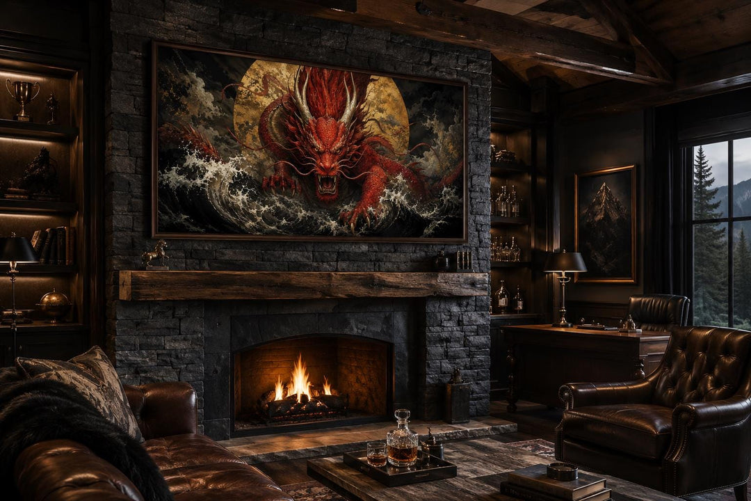 Red Japanese dragon canvas art hanging above a fireplace in a dark, masculine office setting.