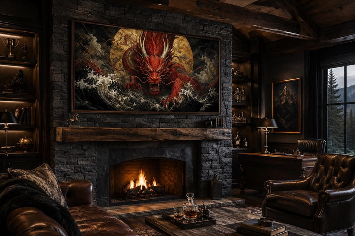 Red Japanese dragon canvas art hanging above a fireplace in a dark, masculine office setting.
