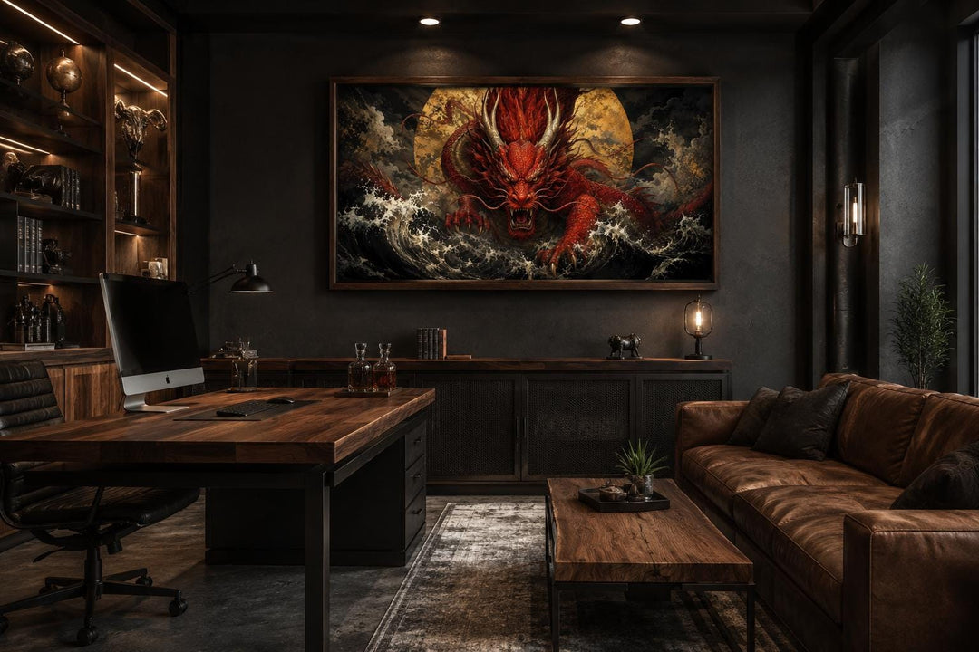 Japanese dragon wall art featuring a red dragon over waves in a dark, modern home office.
