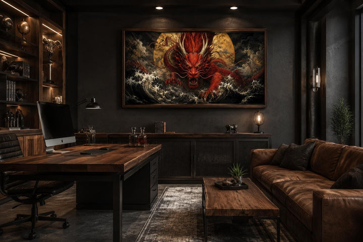 Japanese dragon wall art featuring a red dragon over waves in a dark, modern home office.