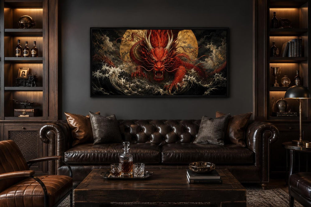 Red Japanese dragon canvas wall art hanging above a leather sofa in a dark, moody office setting.