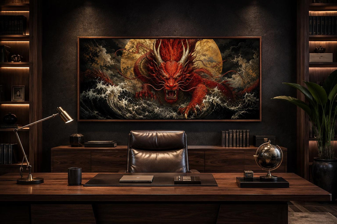 Red Japanese dragon canvas wall art in a dark office above a wooden desk with a leather chair.