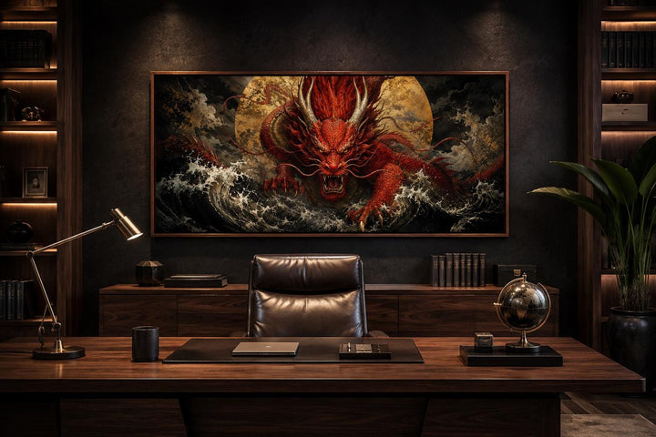 Red Japanese dragon canvas wall art in a dark office above a wooden desk with a leather chair.