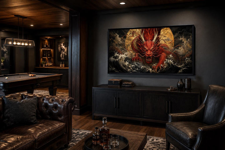 Japanese red dragon canvas wall art above a dark wood console in a moody, masculine room.