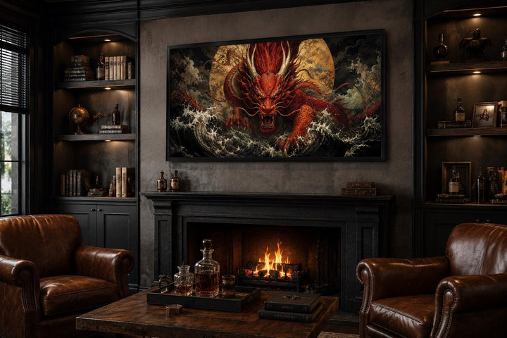 Japanese dragon wall art canvas featuring a red dragon above a fireplace in a dark, moody room.