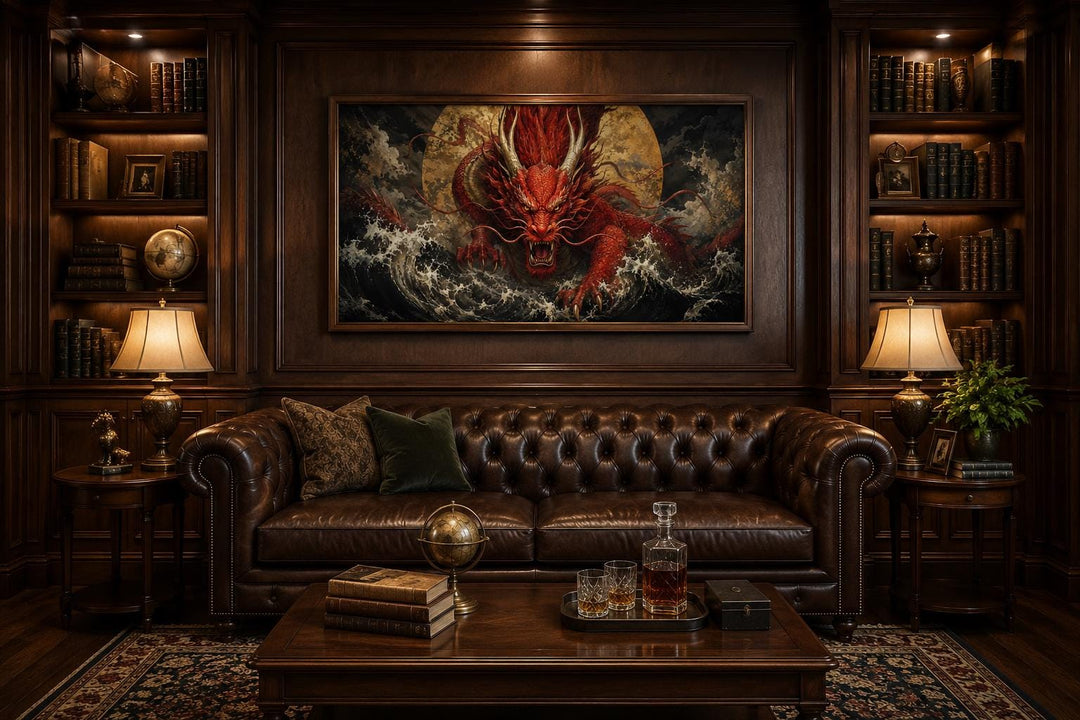 Japanese red dragon canvas wall art centered above a leather sofa in a dark wood-paneled office.