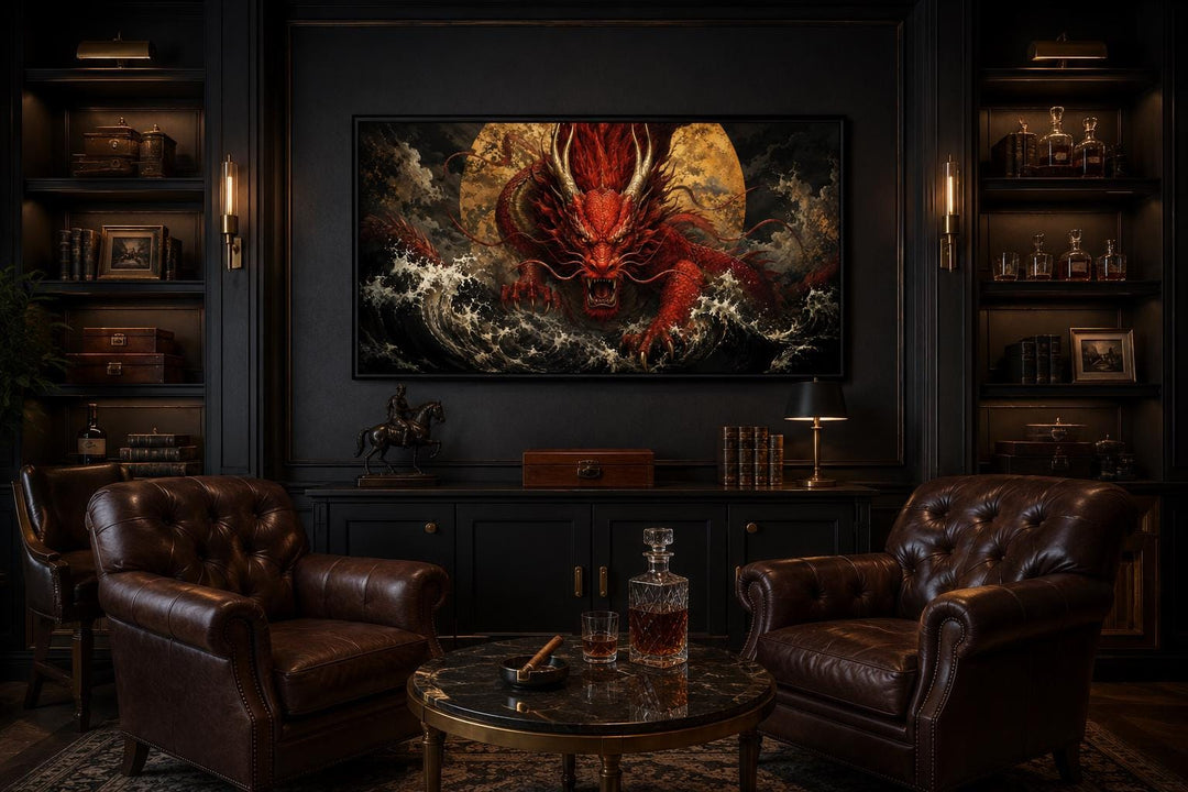 Red Japanese dragon canvas wall art in a dark office with leather chairs and a marble table.
