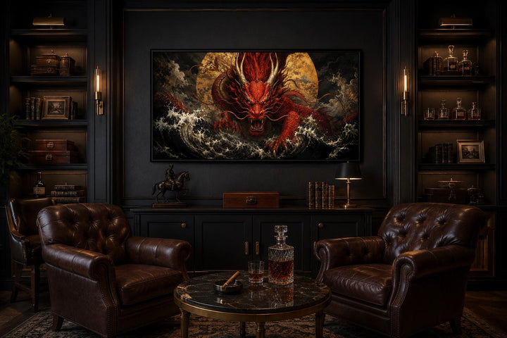 Red Japanese dragon canvas wall art in a dark office with leather chairs and a marble table.