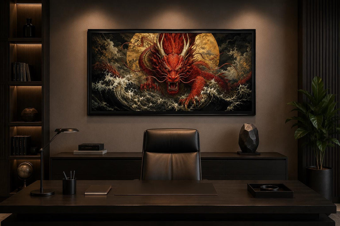 Red Japanese dragon canvas wall art centered above a dark wood desk in a modern office setting.