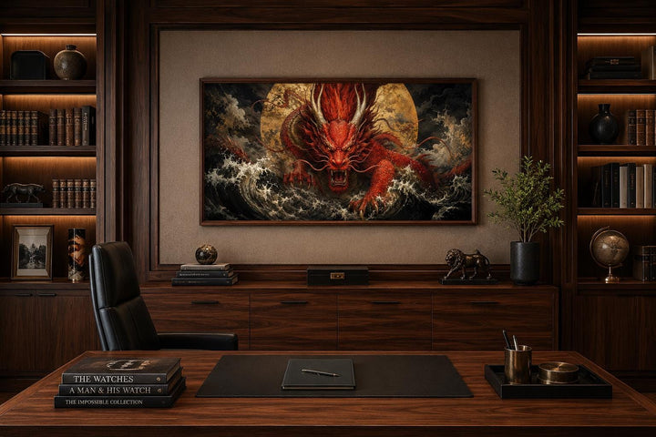 Japanese red dragon canvas wall art above a dark wood desk in a home office or man cave.