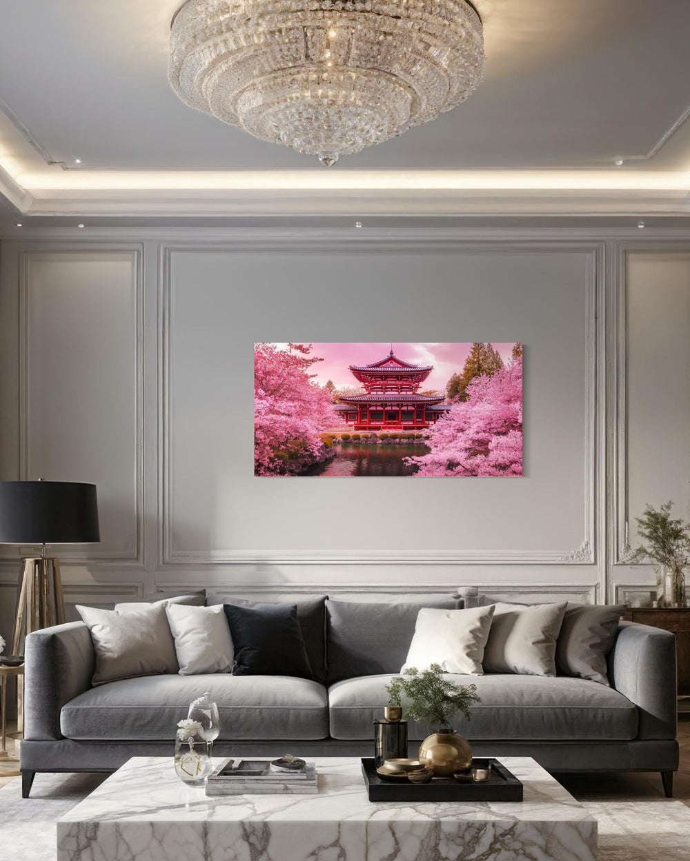 Japanese Pagoda And Pink Cherry Blossom Trees Framed Canvas Wall Art above couch