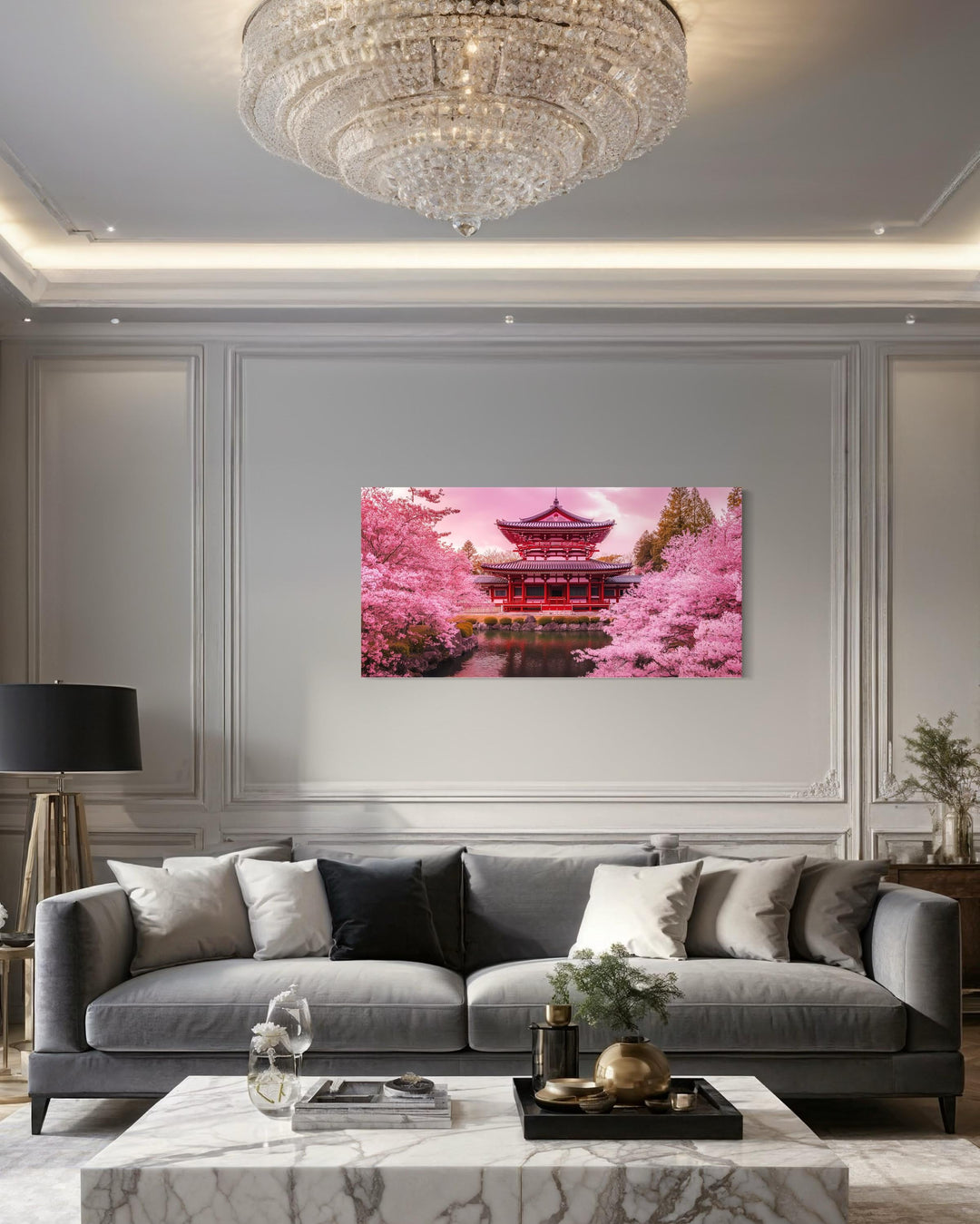 Japanese Pagoda And Pink Cherry Blossom Trees Framed Canvas Wall Art