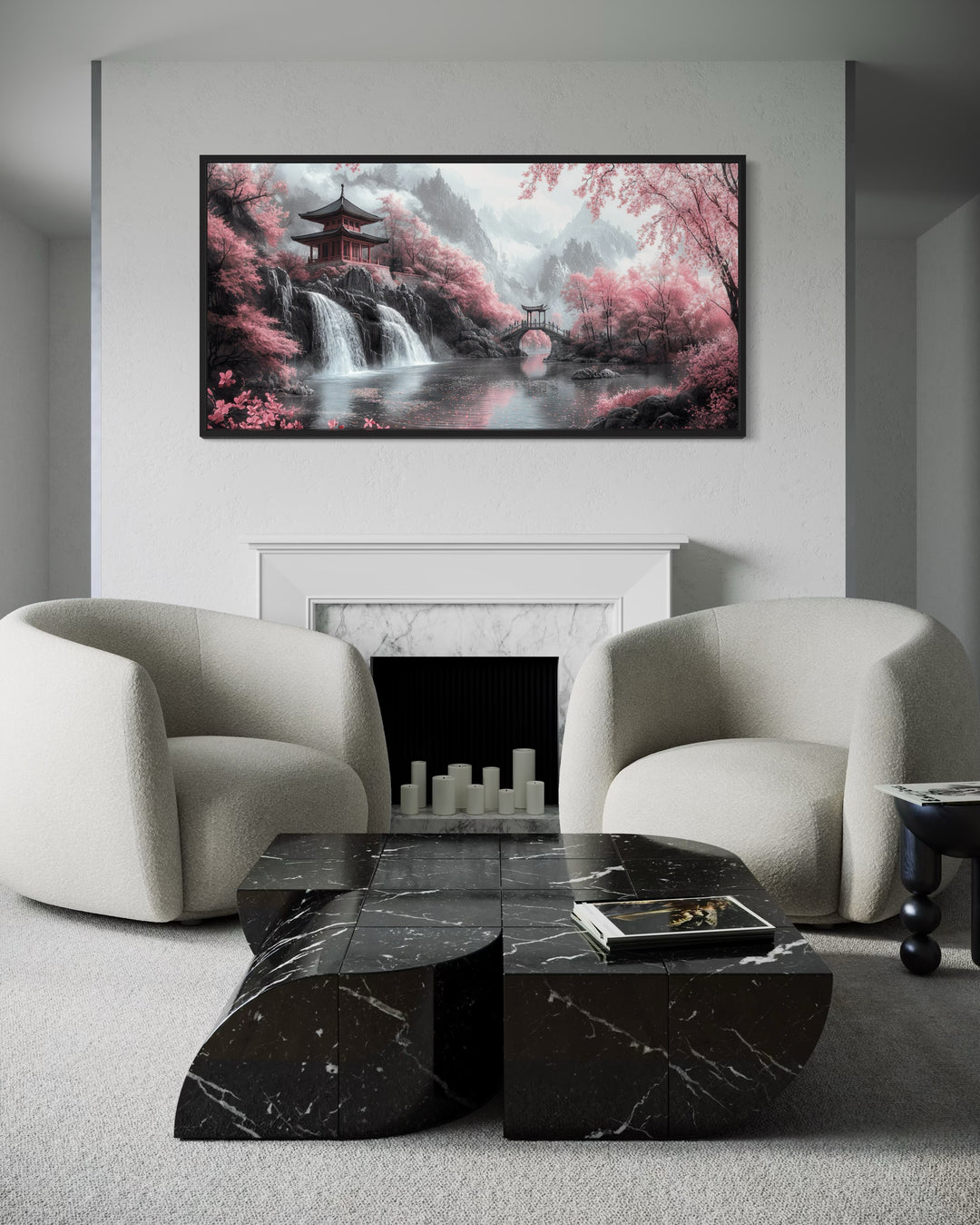 Japanese pagoda and pink cherry blossom trees framed canvas wall art.