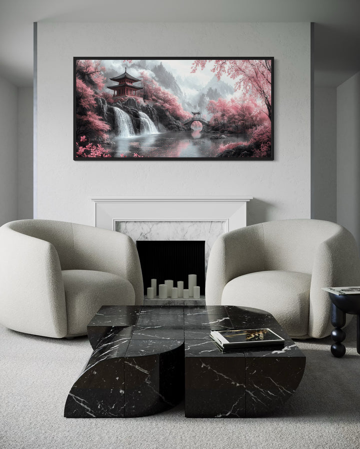 Japanese pagoda and pink cherry blossom trees framed canvas wall art.