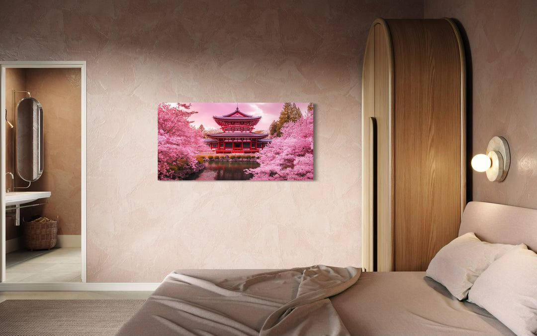 Japanese Pagoda And Pink Cherry Blossom Trees Framed Canvas Wall Art