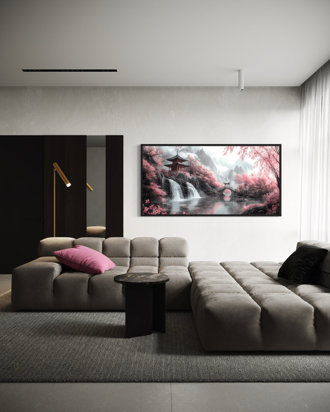 Japanese pagoda and pink cherry blossom trees framed canvas wall art.