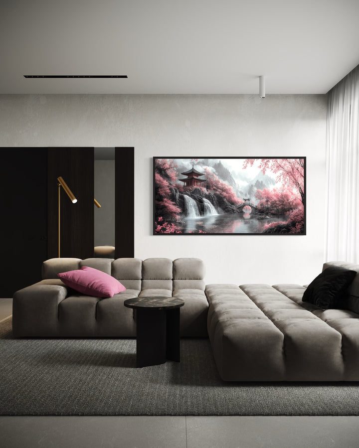 Japanese pagoda and pink cherry blossom trees framed canvas wall art.