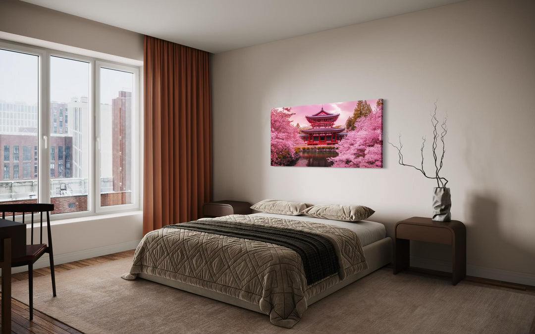 Japanese Pagoda And Pink Cherry Blossom Trees Framed Canvas Wall Art