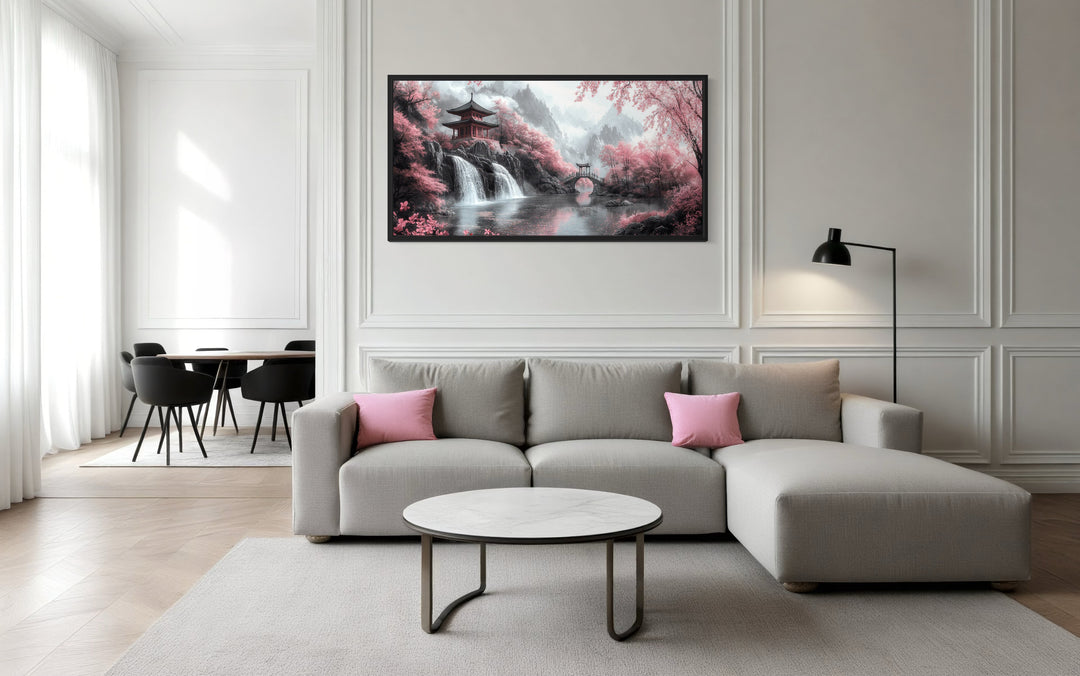 Japanese pagoda and pink cherry blossom trees framed canvas wall art.