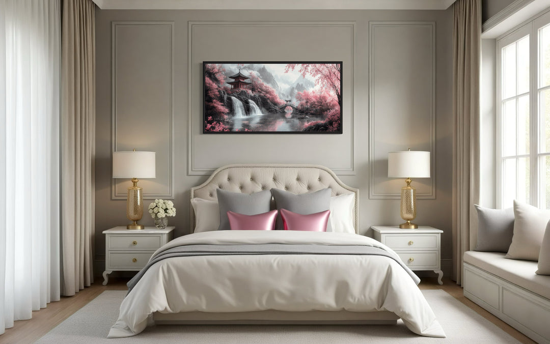 Framed canvas art of a Japanese pagoda with pink cherry blossom trees.