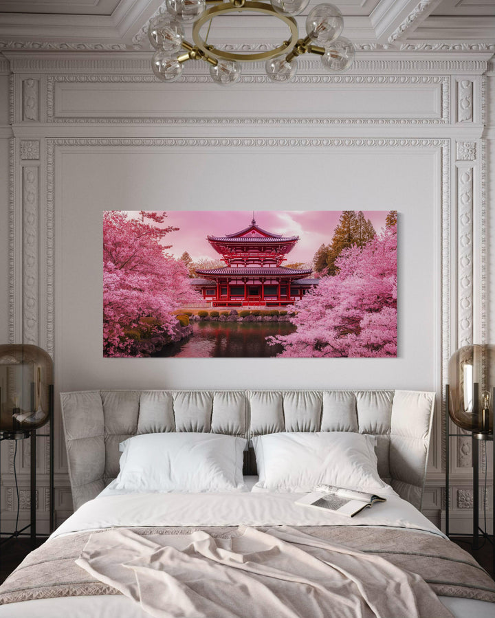 Japanese Pagoda And Pink Cherry Blossom Trees Framed Canvas Wall Art