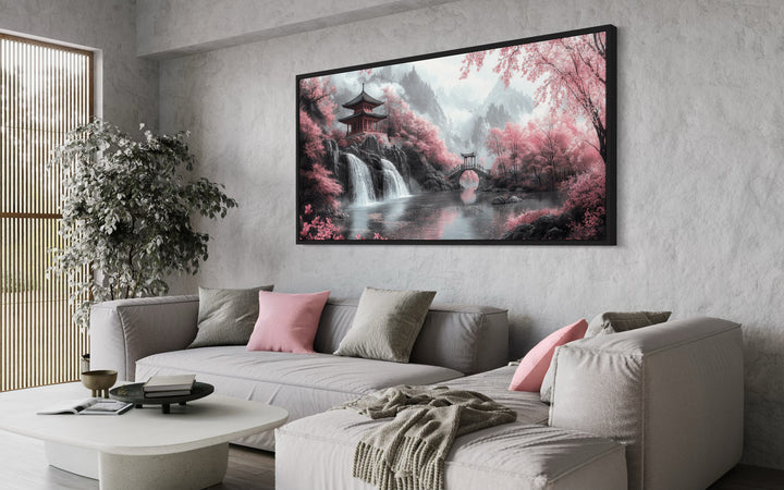 Japanese Pagoda And Pink Cherry Blossom Trees Framed Canvas Wall Art