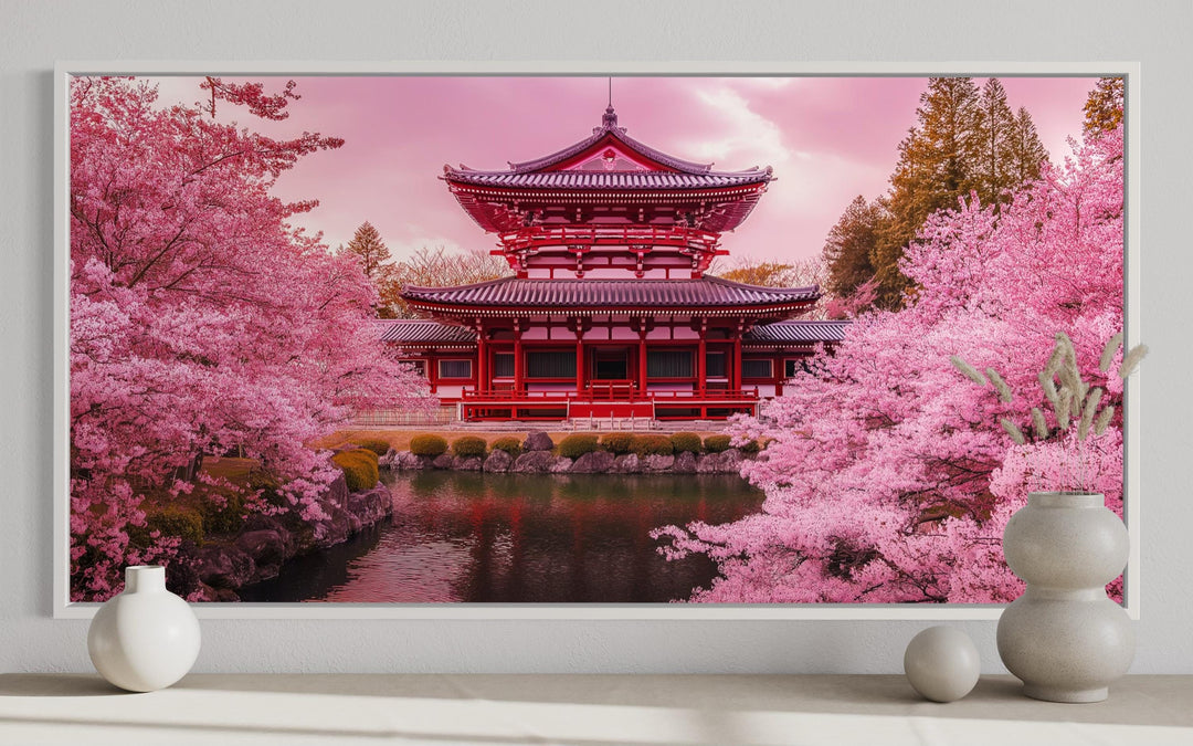 Japanese Pagoda And Pink Cherry Blossom Trees Framed Canvas Wall Art