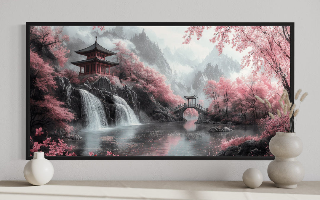 Japanese Pagoda And Pink Cherry Blossom Trees Framed Canvas Wall Art