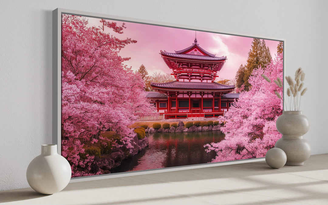 Japanese Pagoda And Pink Cherry Blossom Trees Framed Canvas Wall Art