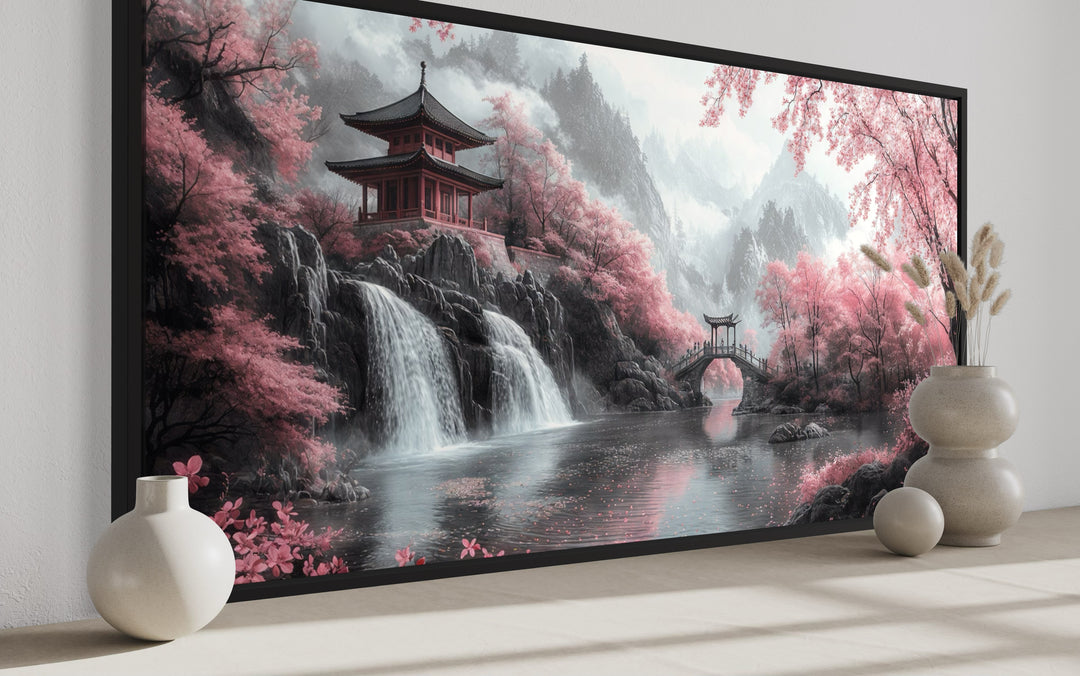 Japanese Pagoda And Pink Cherry Blossom Trees Framed Canvas Wall Art