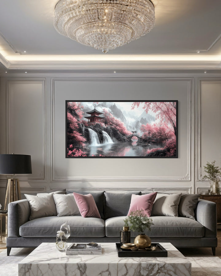 Japanese pagoda and pink cherry blossom trees framed canvas wall art.