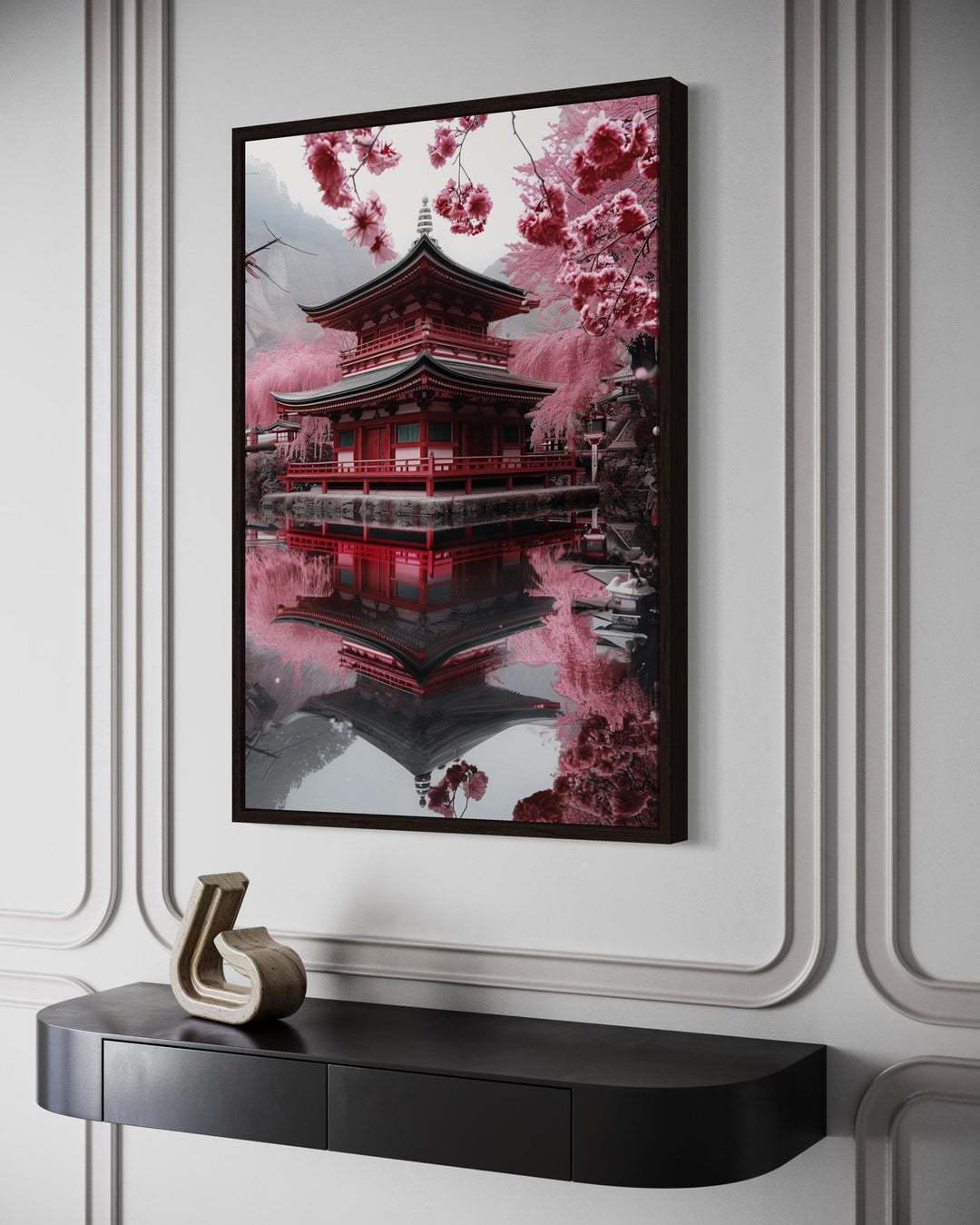 Japanese Pagoda And Sakura Garden Framed Canvas Wall Art