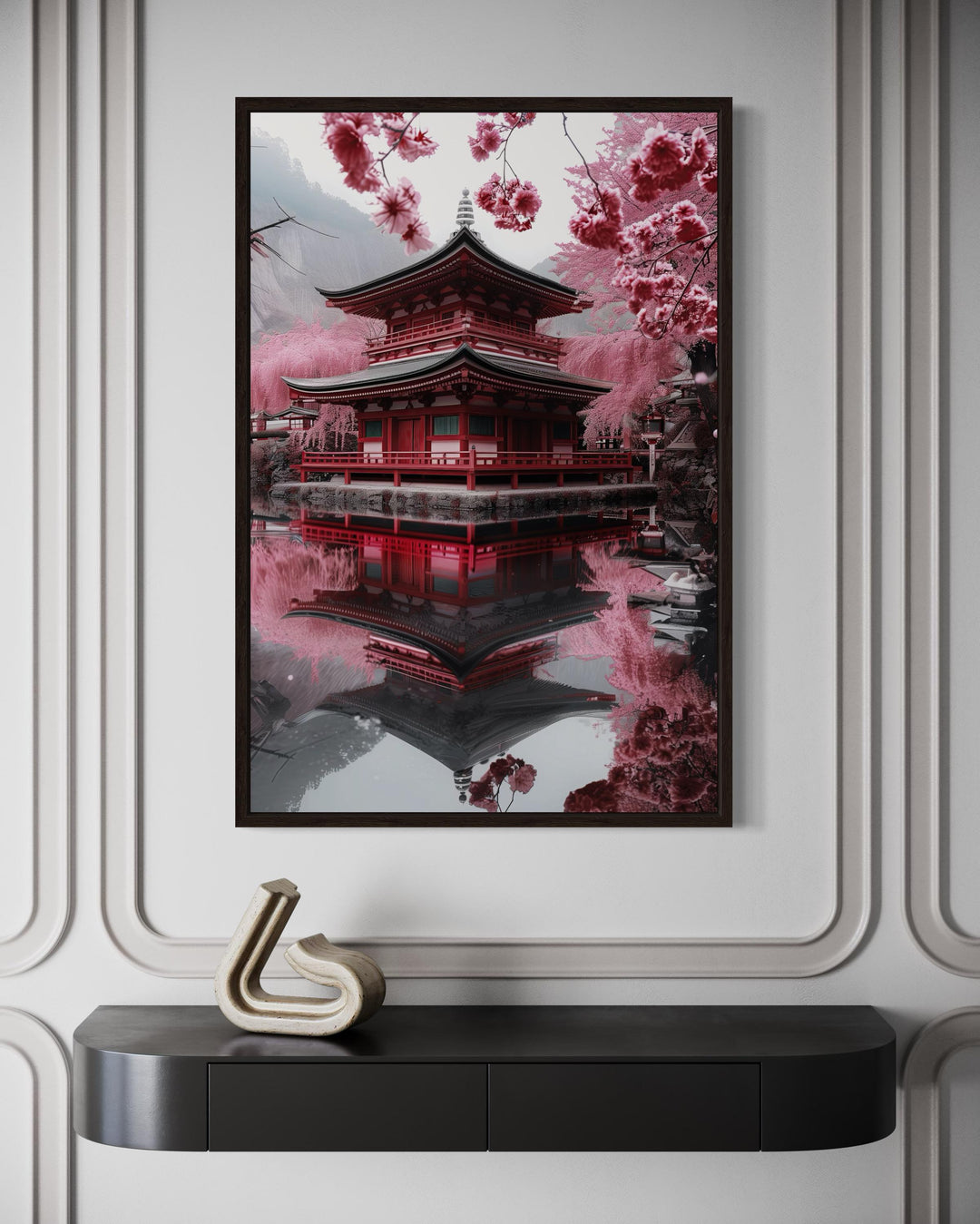 Japanese Pagoda And Sakura Garden Framed Canvas Wall Art