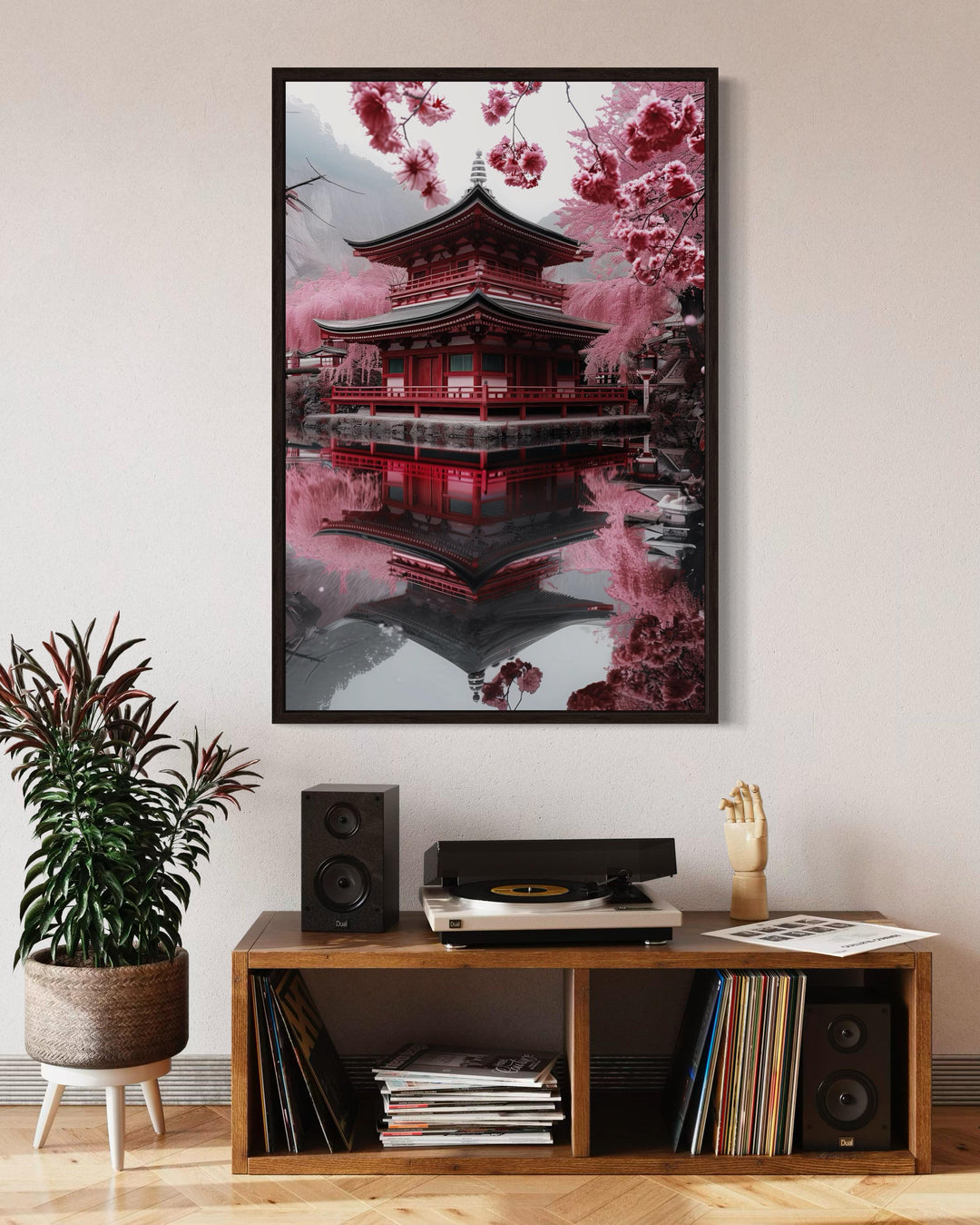 Japanese Pagoda And Sakura Garden Framed Canvas Wall Art