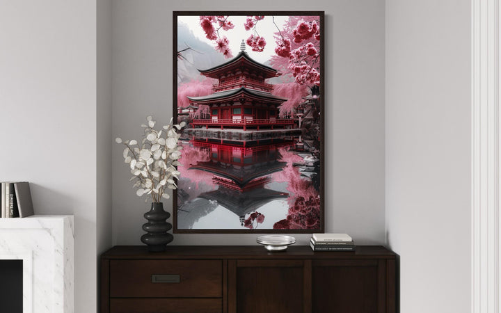 Japanese Pagoda And Sakura Garden Framed Canvas Wall Art