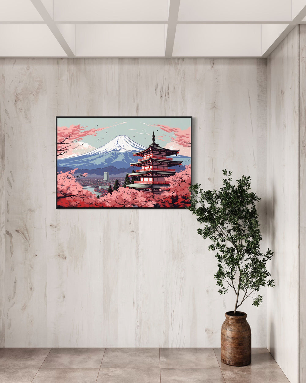 Japanese Pagoda, Cherry Blossom And Mt Fuji Ukiyo-e Style Wall Art on large wall