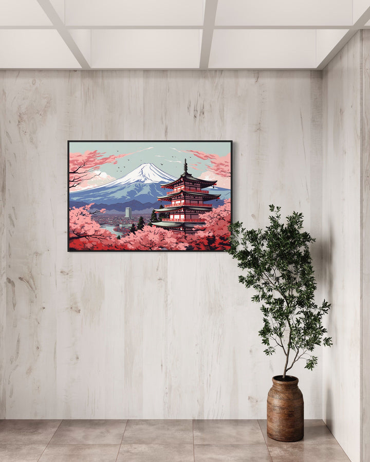 Japanese Pagoda, Cherry Blossom And Mt Fuji Ukiyo-e Style Wall Art