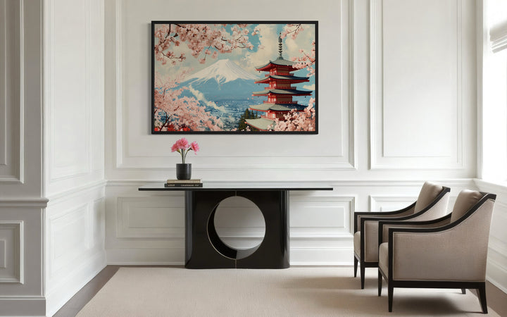 Japanese Pagoda, Cherry Blossom And Mt Fuji Ukiyo-e Style Wall Art