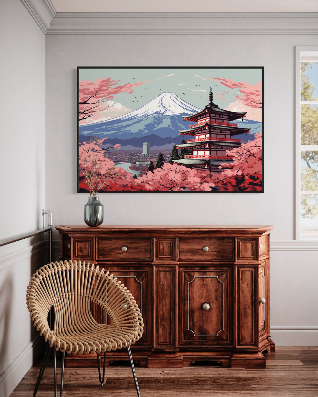 Japanese Pagoda, Cherry Blossom And Mt Fuji Ukiyo-e Style Wall Art