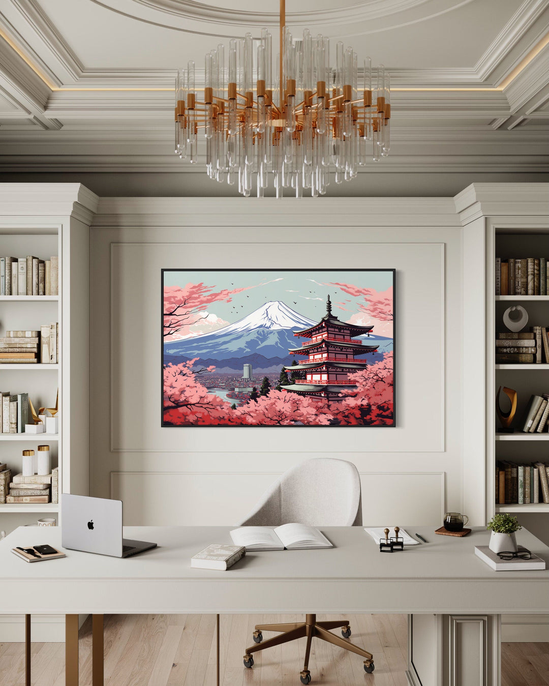 Japanese Pagoda, Cherry Blossom And Mt Fuji Ukiyo-e Style Wall Art