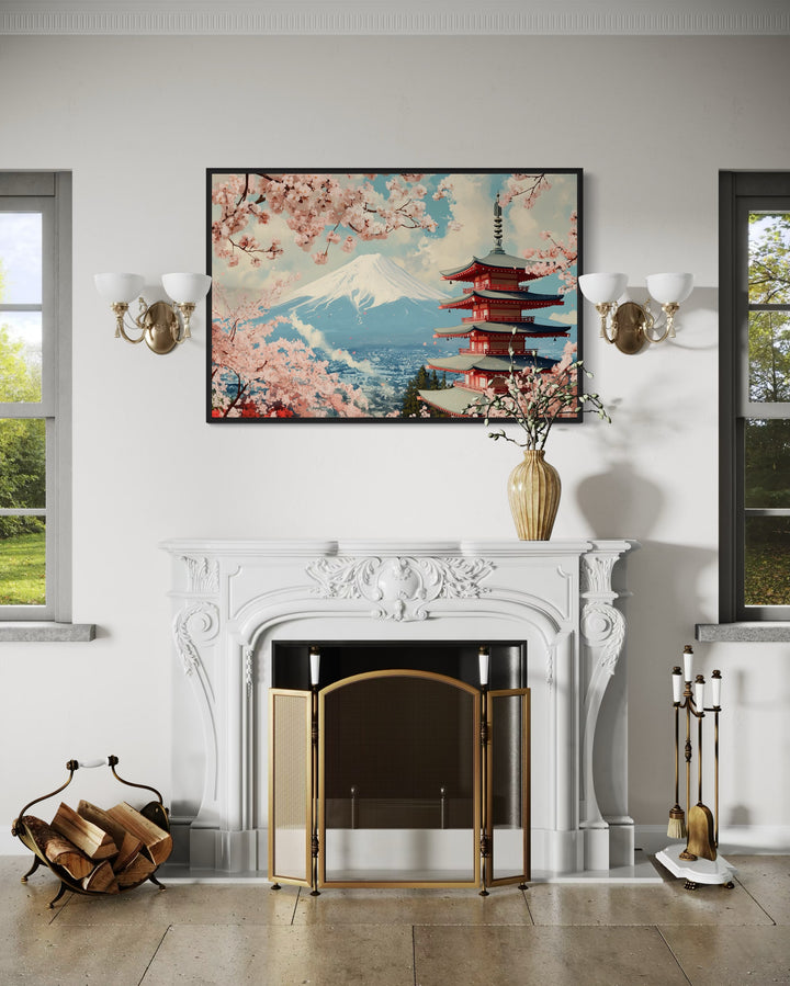 Japanese Pagoda, Cherry Blossom And Mt Fuji Ukiyo-e Style Wall Art