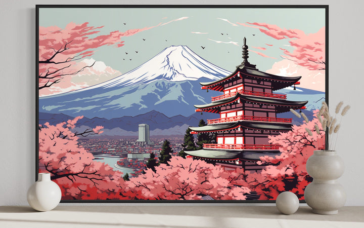 Japanese Pagoda, Cherry Blossom And Mt Fuji Ukiyo-e Style Wall Art