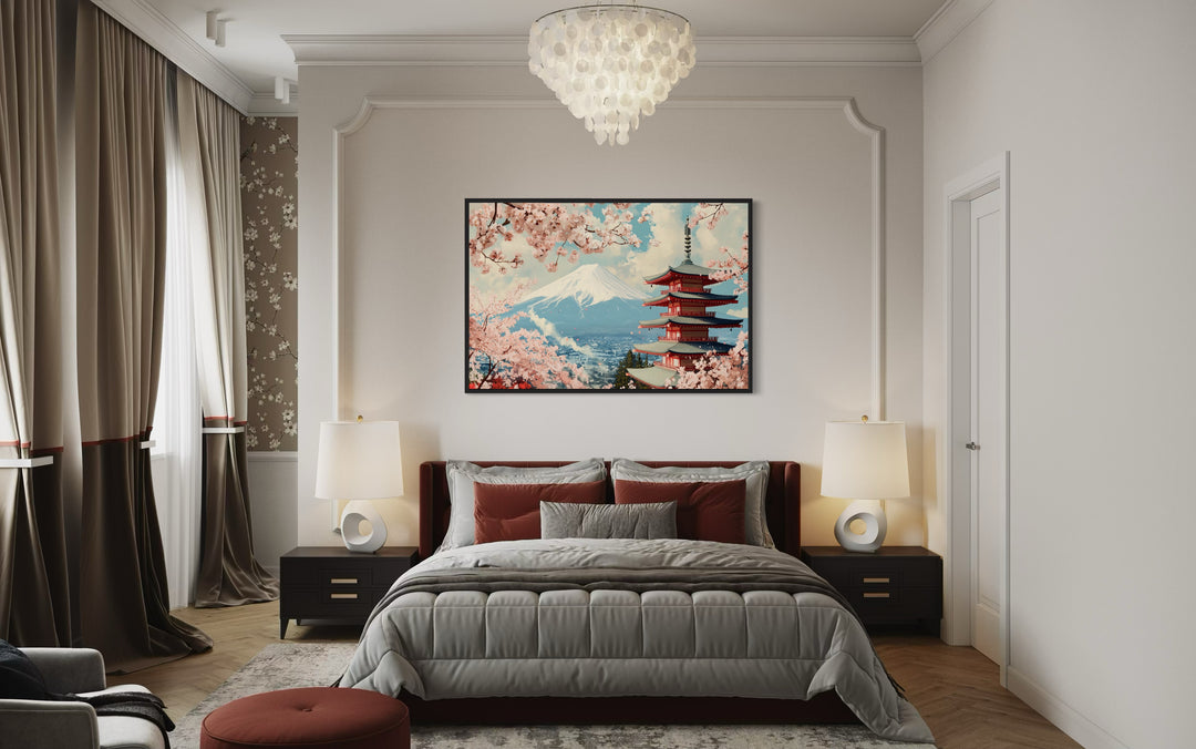 Japanese Pagoda, Cherry Blossom And Mt Fuji Ukiyo-e Style Wall Art