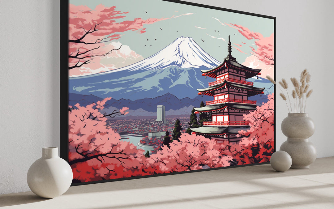 Japanese Pagoda, Cherry Blossom And Mt Fuji Ukiyo-e Style Wall Art