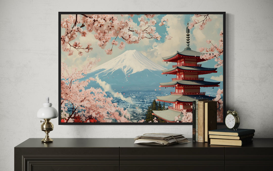 Japanese Pagoda, Cherry Blossom And Mt Fuji Ukiyo-e Style Wall Art